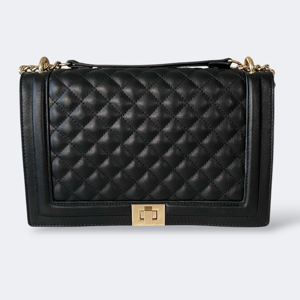 INC Black Quilted Flap Crossbody Shoulder Bag Gold Turn-Lock Chain Hardware